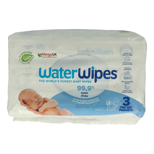 Waterwipes baby wipes 3-pack, gentle baby and toddler skincare, 144 wipes per pack, soft and natural fabric for sensitive skin.