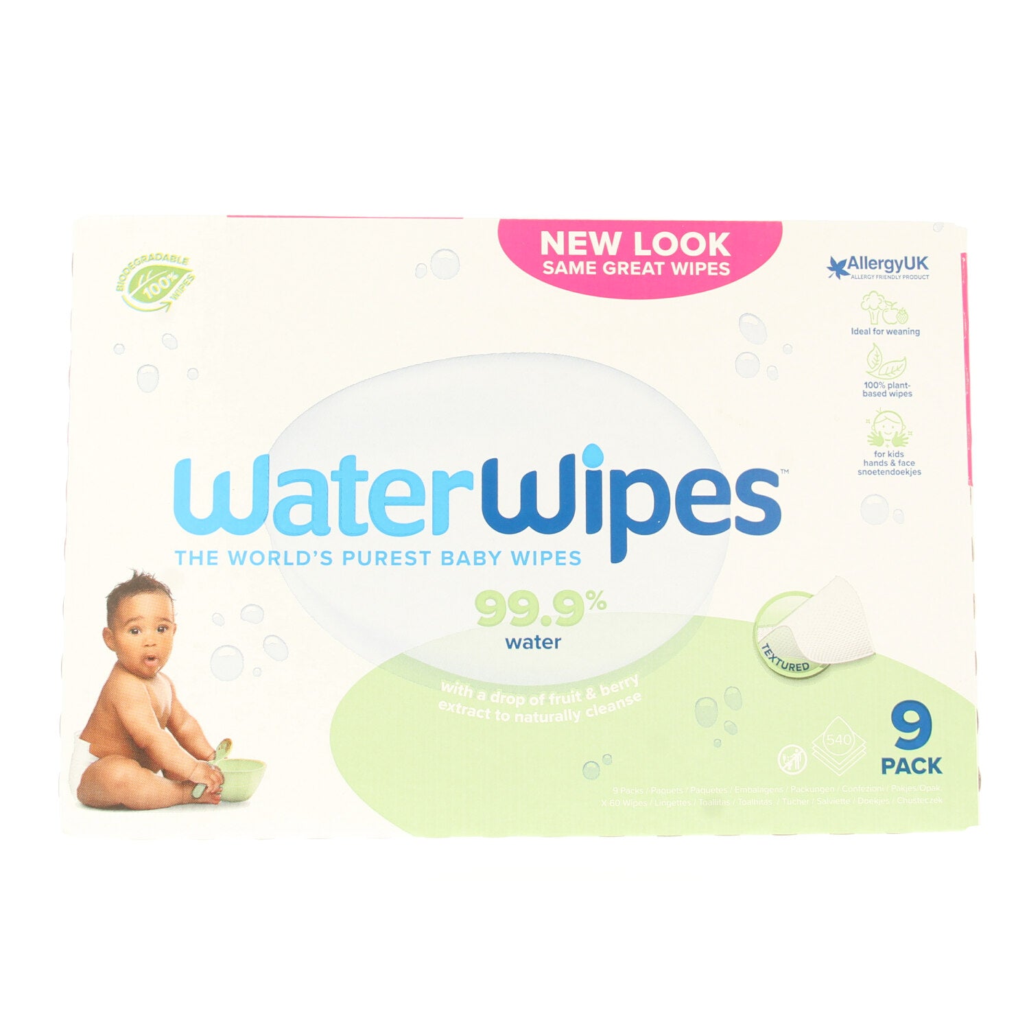 Waterwipes Snoetendoekjes baby wipes 9-pack, gentle and fragrance-free for newborn and toddler skincare, shown in packaging.