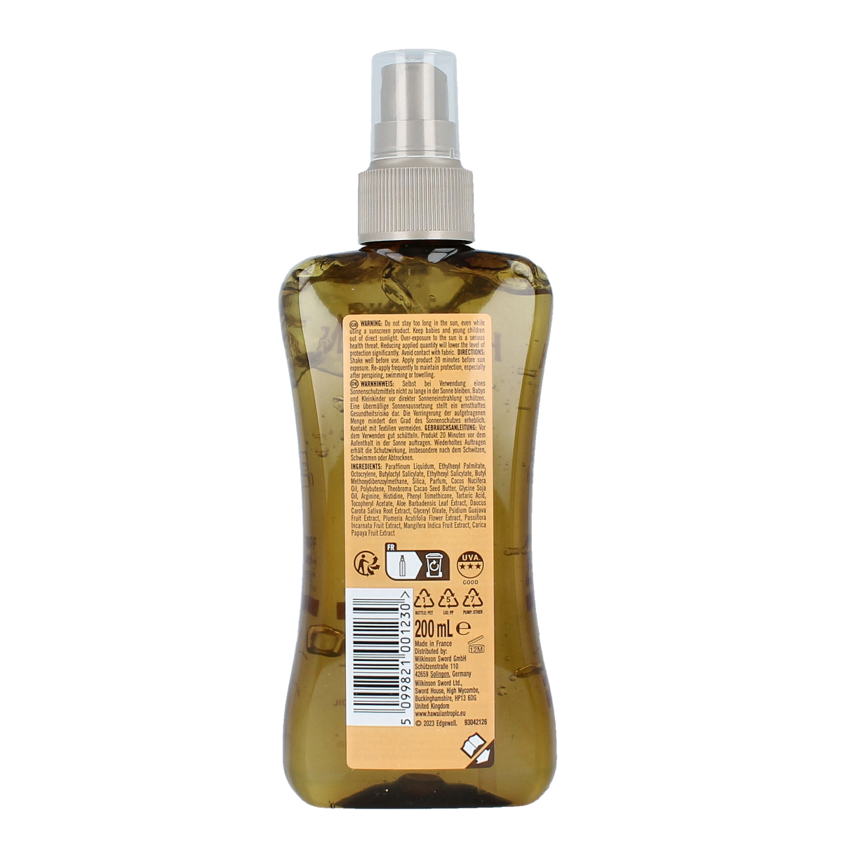 Hawaiian Tropic Protect oil SPF20 bottle, 200ml, for sun protection, displayed with a tropical beach background.