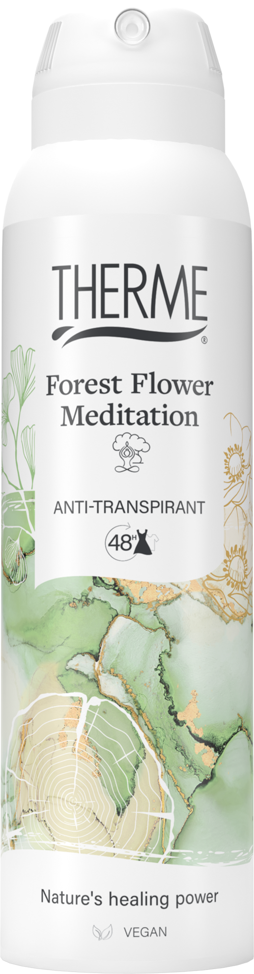 Therme Forest Flower Meditation anti-transpirant spray in 150ml bottle, body care product with floral packaging design.