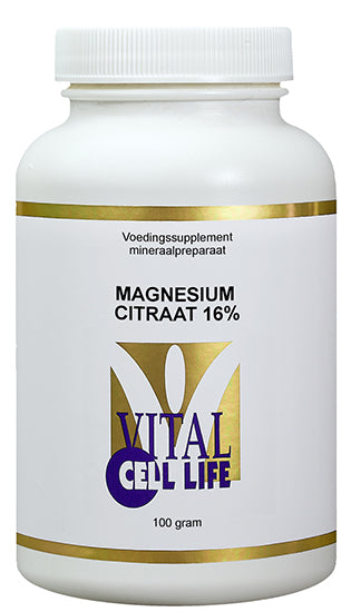 Vital Cell Life Magnesium Citrate powder in a 100g container, showing the mineral supplement with a focus on the product label.