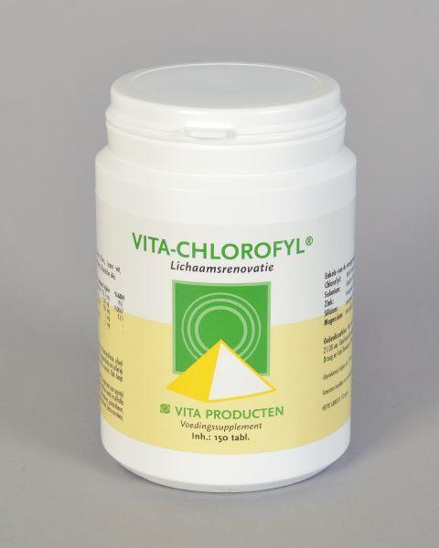 Vita Chlorofyl 150 mg tablets, herbal supplement by Vita, showing green chlorophyll tablets in blister pack.