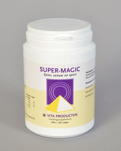 Vita Super Magic 100 capsules mineral multivitamin supplement bottle with capsules spilling out on a white background.