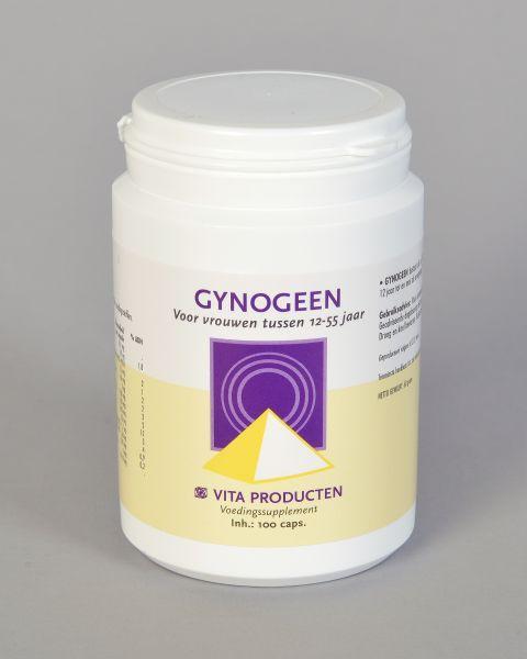 Vita Gynogeen 100 capsules, multivitamin supplement showing the bottle with label and capsules inside.
