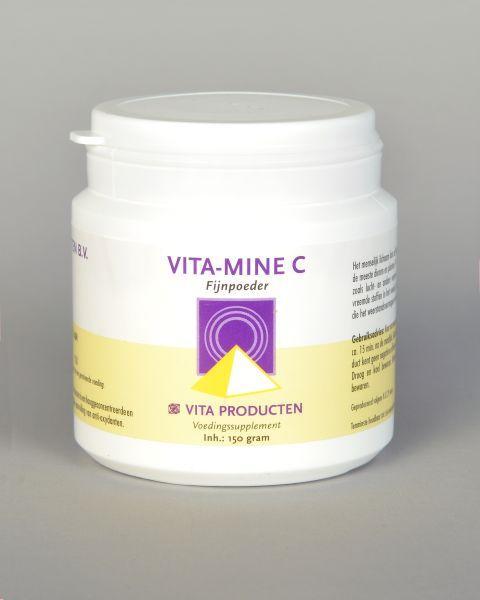 Vita Mine C vitamin supplement bottle with a label, showing 150 grams of vitamin C capsules or tablets.