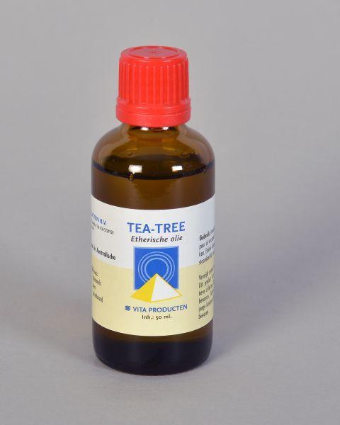 Vita Tea Tree Oil 50ml in a transparent bottle, used for body care and skincare, with a dropper cap for precise application.