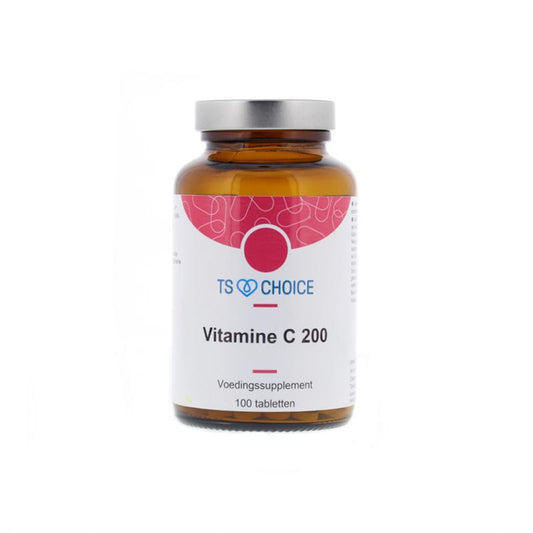 TS Choice Vitamin C 200mg with bioflavonoids in a bottle of 100 tablets, showing the supplement tablets and packaging.