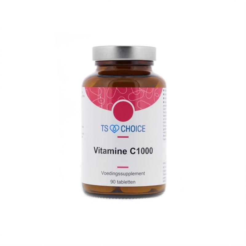 TS Choice Vitamin C with bioflavonoids, 90 tablets, showing the supplement bottle and tablets inside.