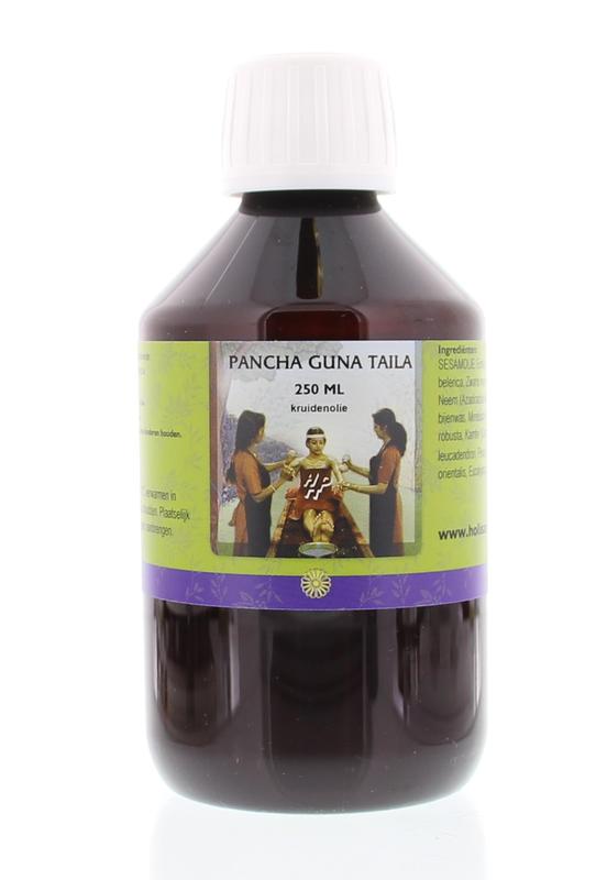 Holisan Pancha Guna Taila 250ml bottle for body care, featuring a clear container with label and cap on a plain background.