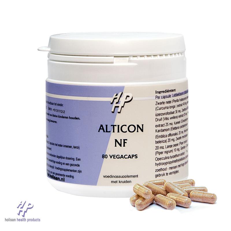 Holisan Alticon 80.00 capsules, herbal supplement in a bottle, featuring green and white capsule packaging on a white background.