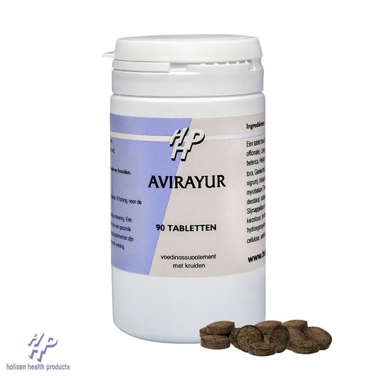 Holisan Avirayur herbal supplement tablets from Holisan, showing a close-up of the bottle and tablets in a natural setting.
