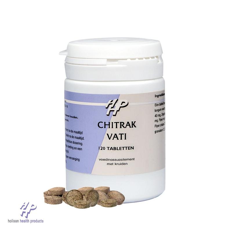 Holisan Chitrak vati herbal tablets in a container, part of Holisan's herbal preparations, shown with tablets and packaging.