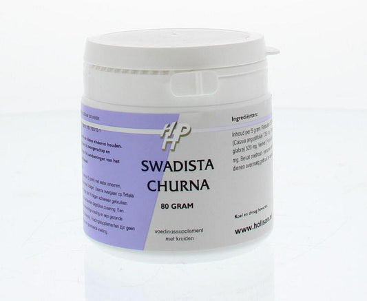 Holisan Swadista churna kruidenpreparaten in 80g package, showing the herbal powder in a jar with a label.