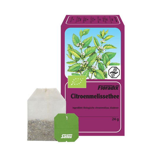 Salus Citroen Melisse Bio tea bags, natural herbal tea with lemon balm, 15 packets in a box, ready for brewing.