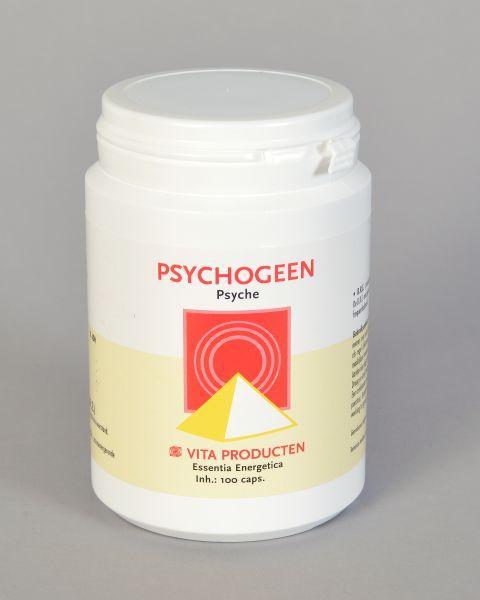Vita Psychogeen 100 capsules in a bottle, herbal supplement from Vita, with capsules visible in the image.