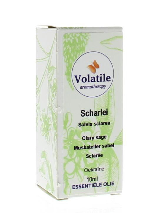Volatile Scharlei essential oil bottle, 10ml, in clear glass with white cap, showcasing the product label and packaging.