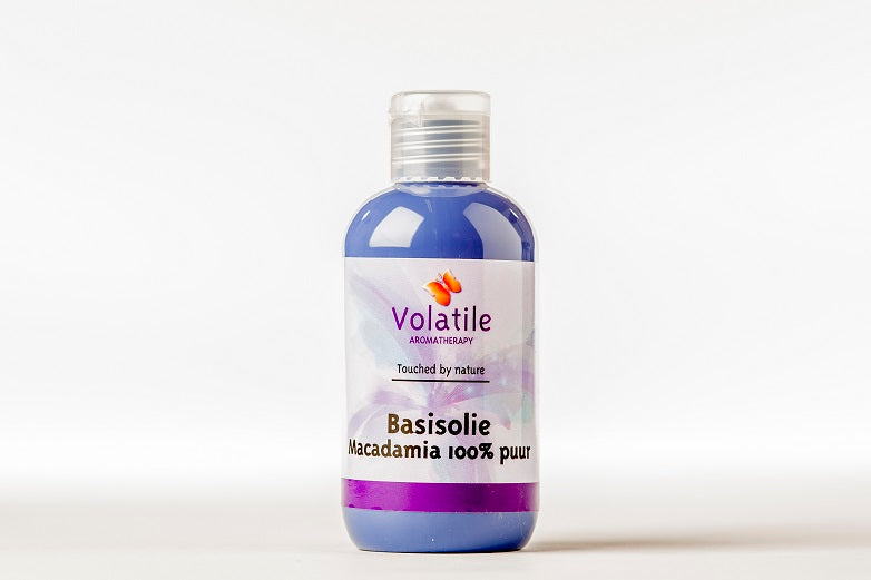 Volatile Macadamia Body Oil in 100ml bottle, natural body care product with a clear container and label.