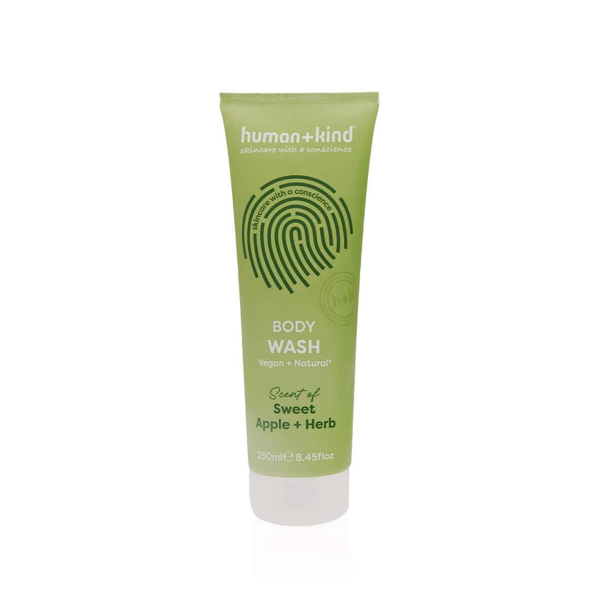 Human+Kind 2-in-1 apple herbs vegan body wash bottle, showing the product label and packaging design.