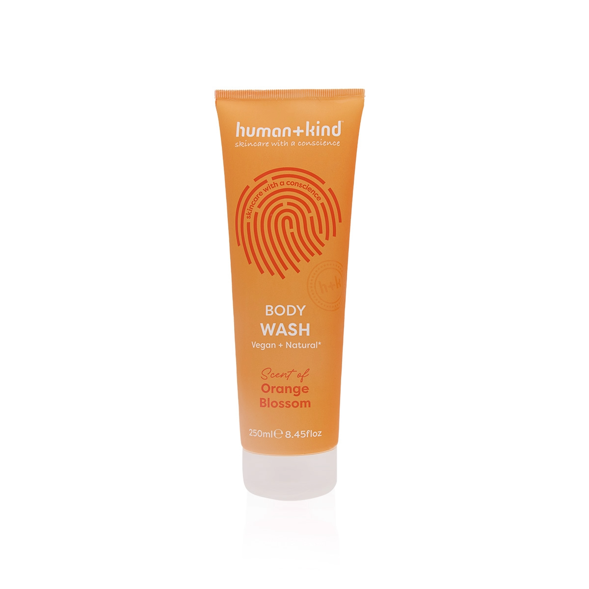 Human+Kind 2-in-1 Orange Vegan Bodywash for bath and shower, 250ml bottle with vibrant orange liquid, natural skincare product