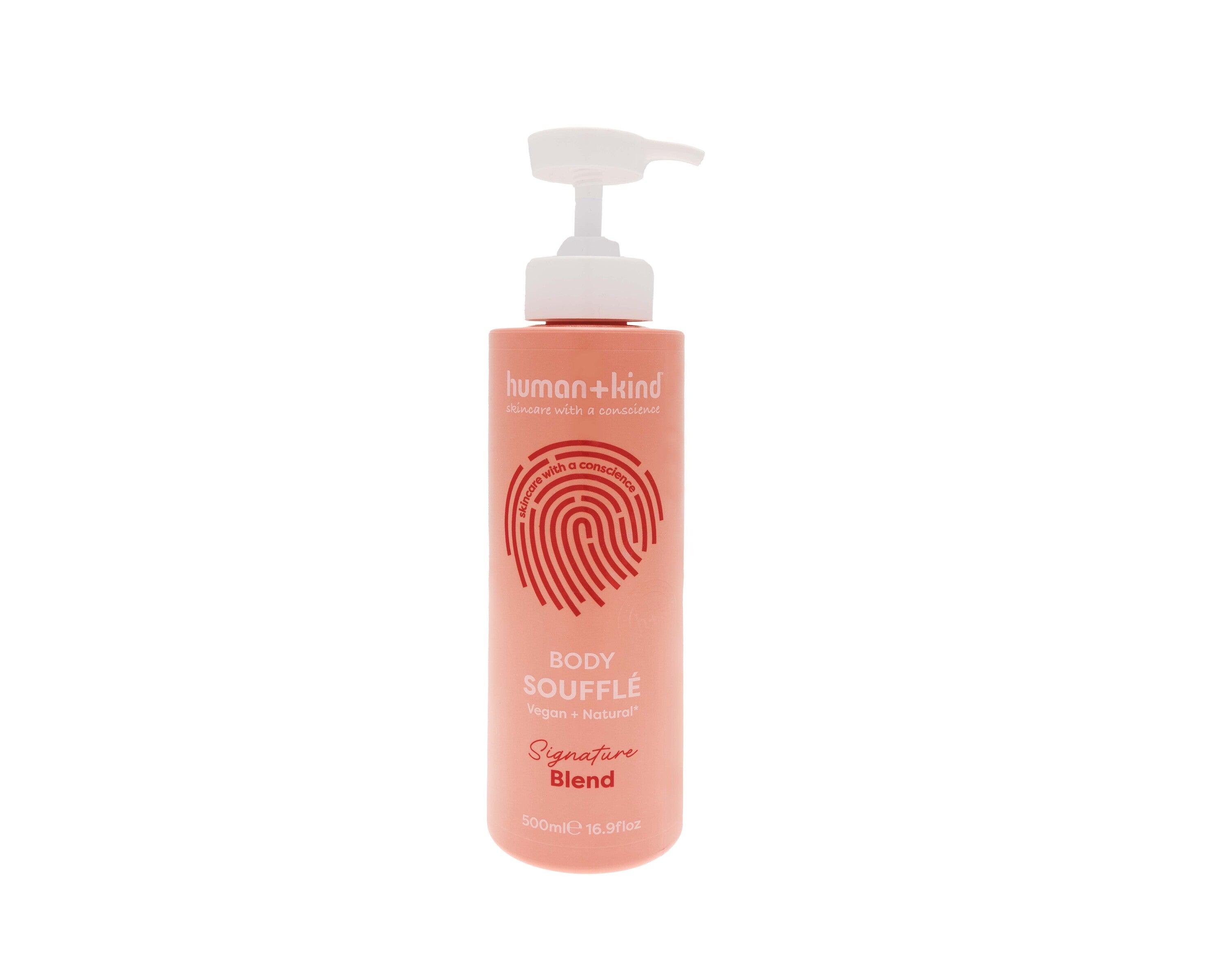 Human+Kind Body Souffle in pomfles vegan 500ml, creamy moisturizer for smooth, nourished skin, shown in a jar.