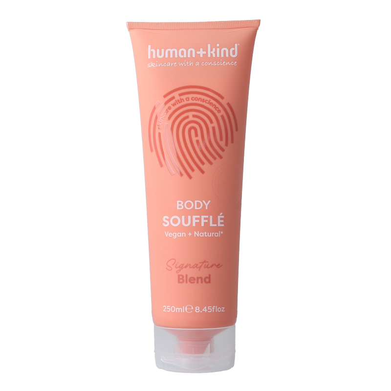 Human+Kind Body Souffle with signature blend, 250ml, creamy moisturizer for smooth, nourished skin in a soft, elegant container.