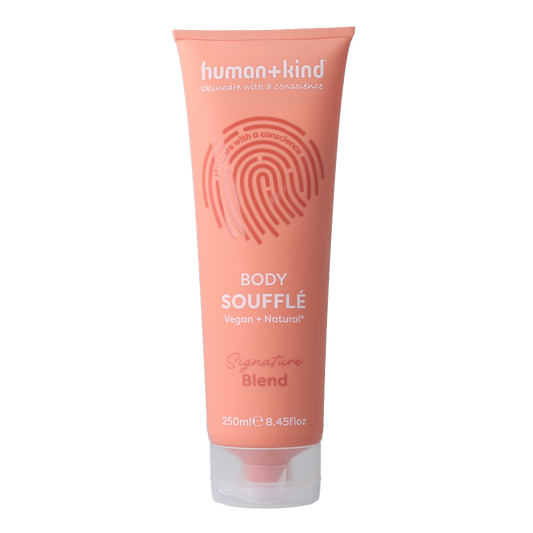 Human+Kind Body Souffle with signature blend, 250ml, creamy moisturizer for smooth, nourished skin in a soft, elegant container.