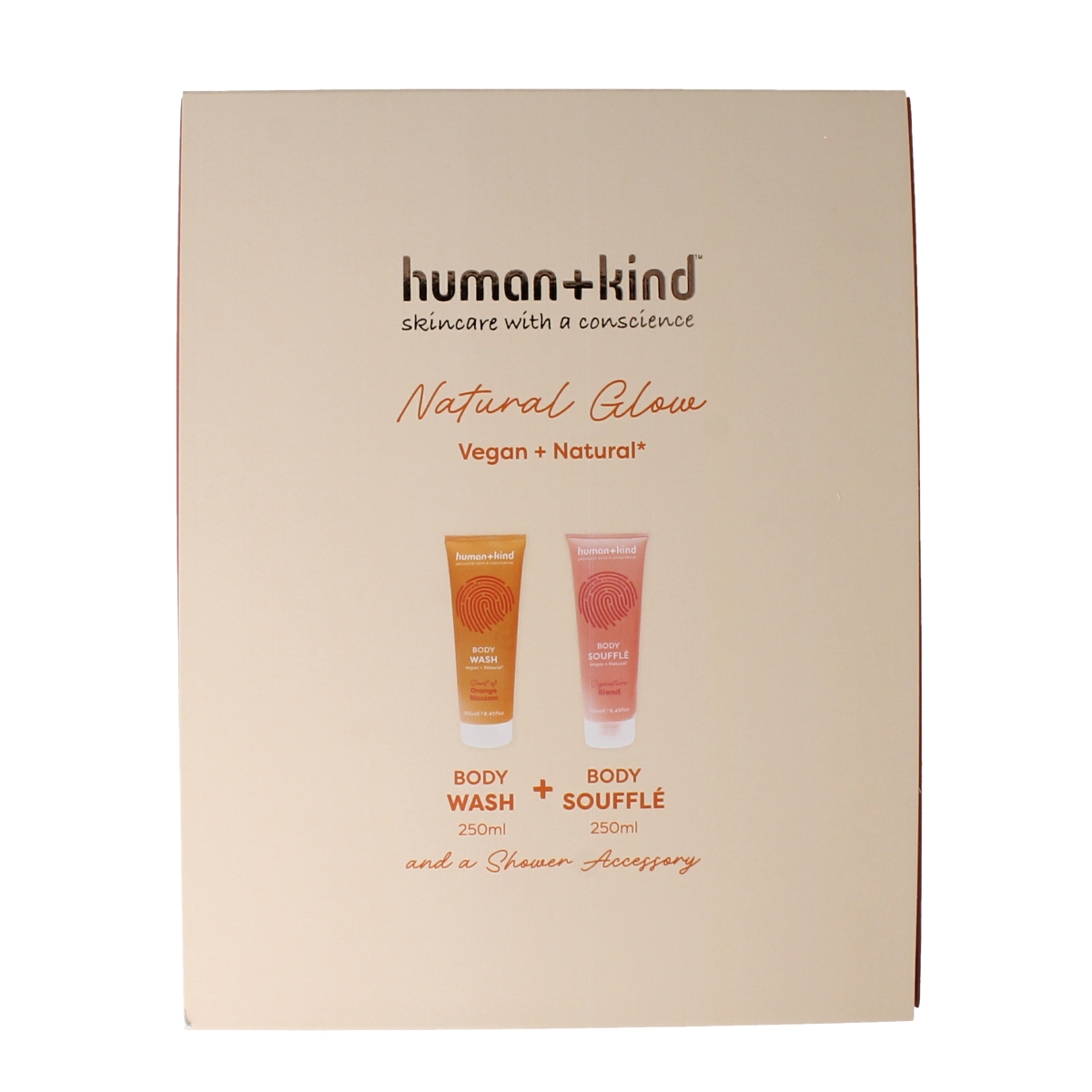 Human+Kind Giftset with natural glow body care products, featuring a sleek packaging design and multiple skincare items.