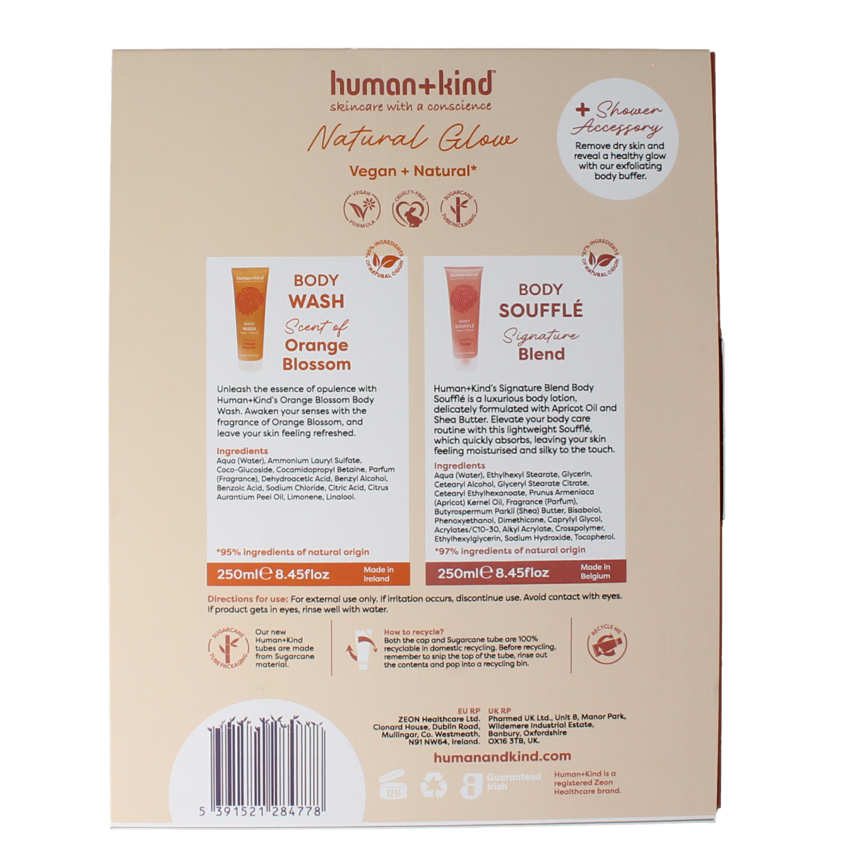 Human+Kind Giftset for natural glow skincare, featuring body care products in a sleek package.