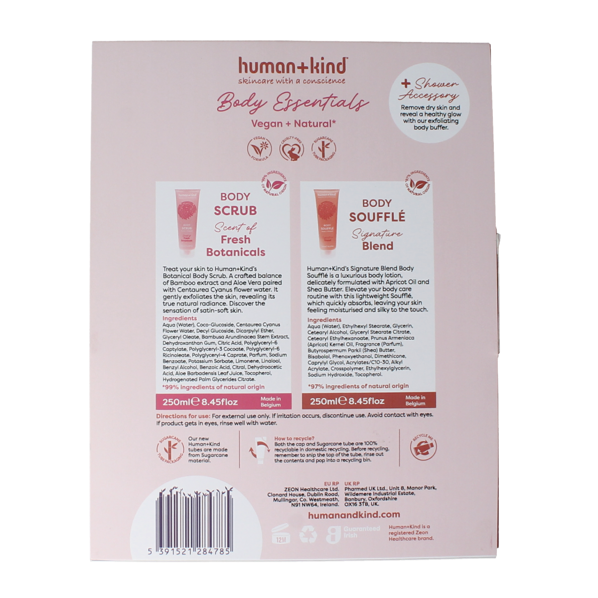 Human+Kind gift set with body essentials, including moisturizer and body wash, displayed in a natural, elegant package.