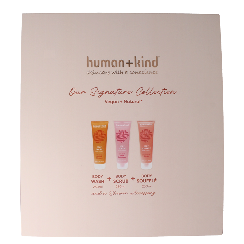 Human+Kind gift set featuring signature body care products in a stylish box, perfect for gifting or personal use.