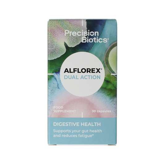 Alflorex Dual Action vegetarian capsules, dietary supplement and herbal preparation by Alflorex, in a bottle with 30 capsules.