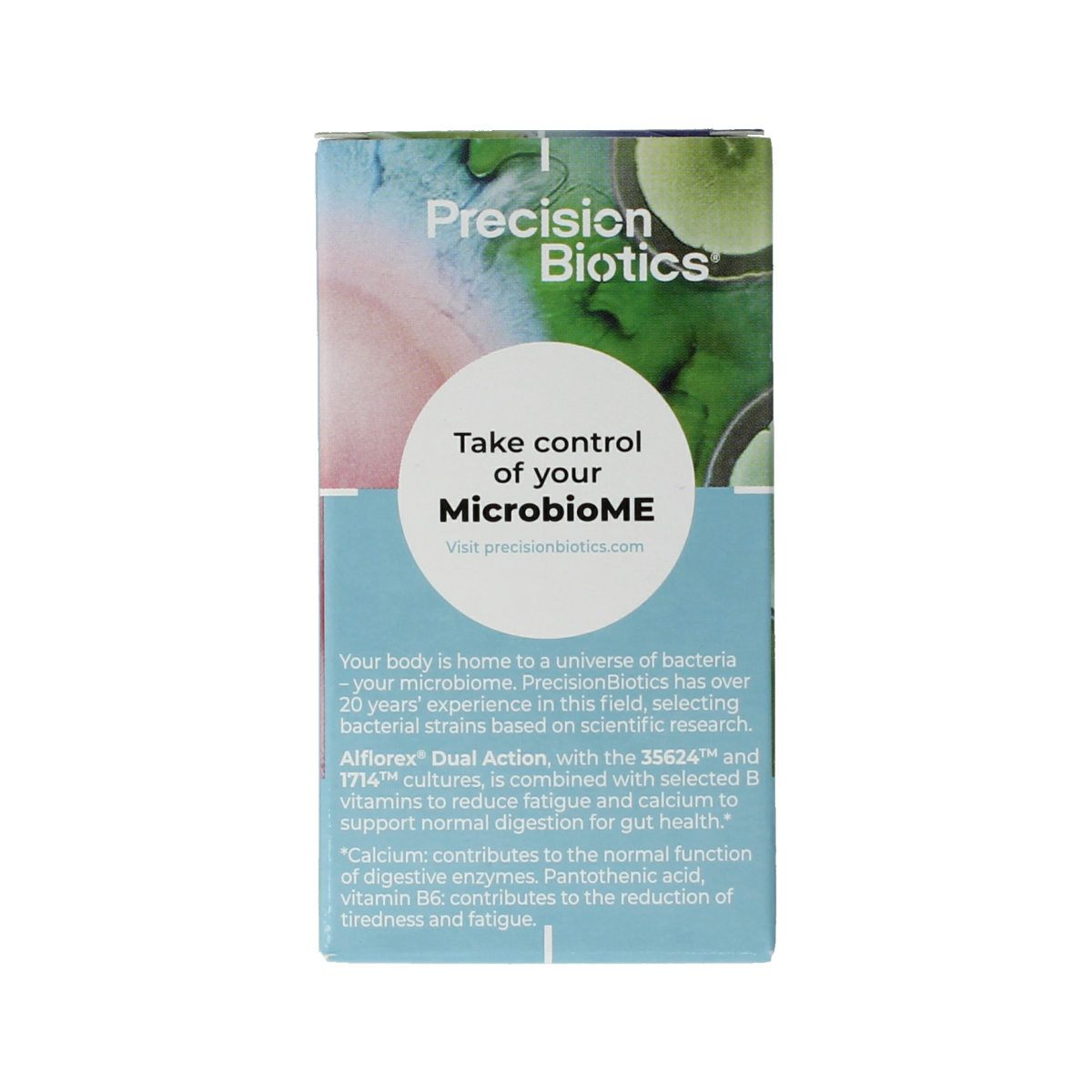 Alflorex Dual Action vegetarian capsules, dietary supplement by Alflorex, shown in clear bottle with capsules inside.