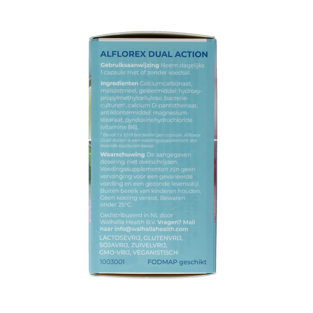 Alflorex dual action vegetarian capsules, dietary supplement with probiotics for digestive health, in a clear bottle.