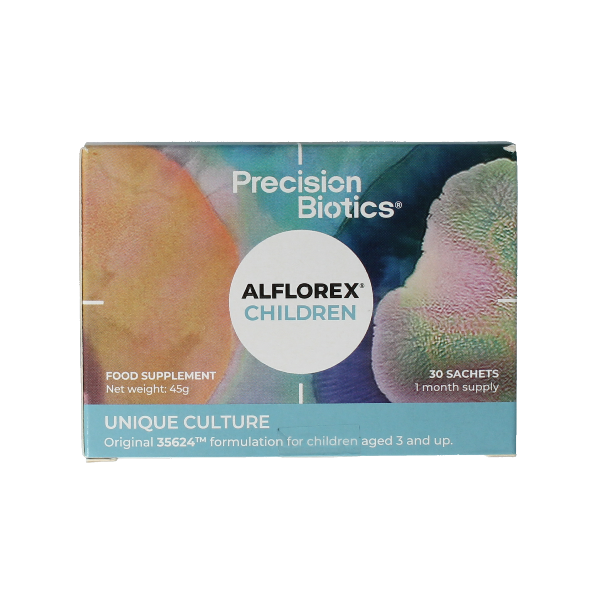 Alflorex Children probiotic supplement sachets, natural digestive support, in colorful packaging with 30 sachets.
