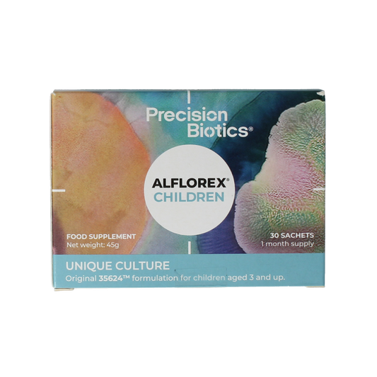 Alflorex Children probiotic supplement sachets, natural digestive support, in colorful packaging with 30 sachets.