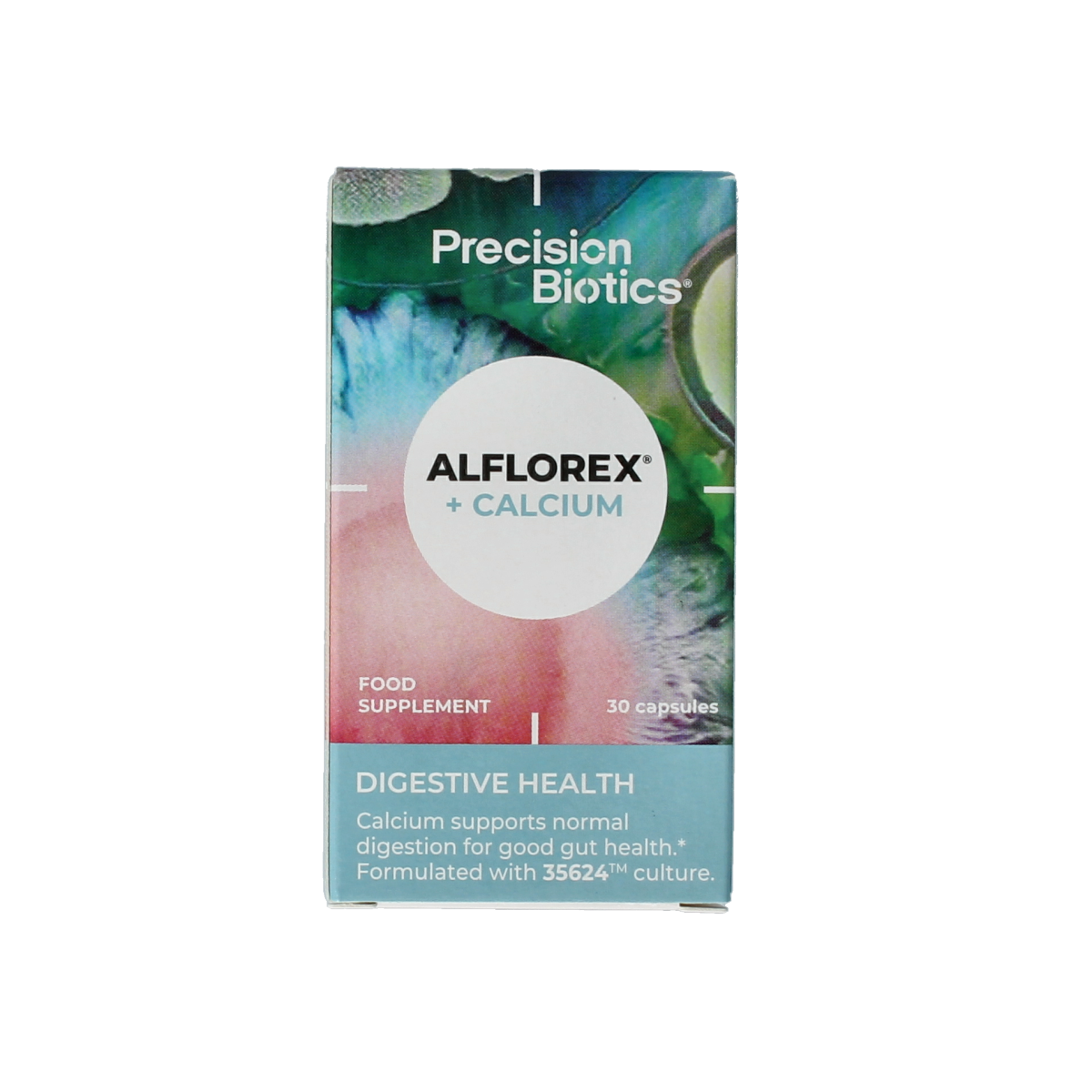 Alflorex Calcium+ vegetarian capsules, dietary supplement by Alflorex, shown in a close-up image with capsules and packaging.