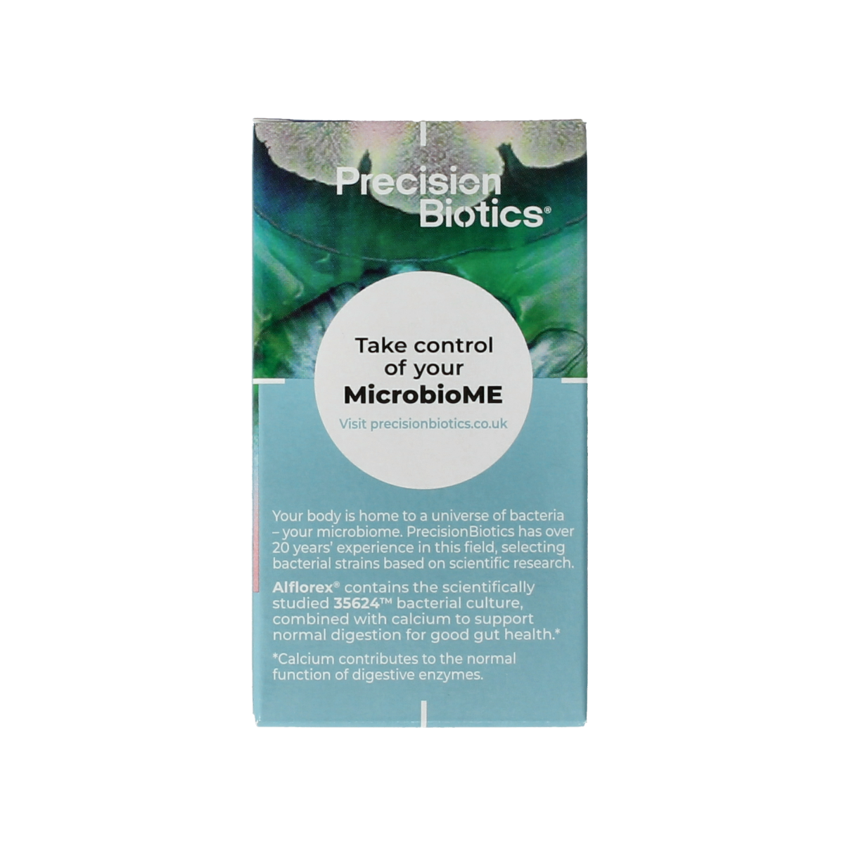 Alflorex Calcium+ vegetarian capsules, dietary supplement with calcium and herbs, in a clear bottle with a white cap.