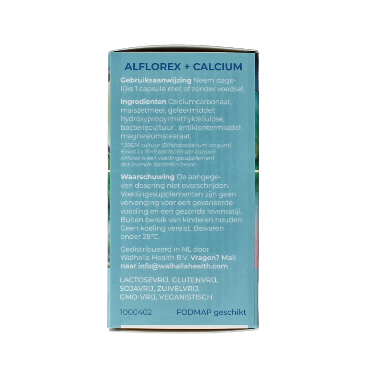 Alflorex Calcium+ vegetarian capsules, dietary supplement with probiotics and calcium for digestive health.