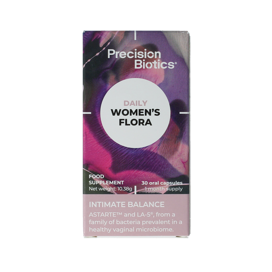 Alflorex Women's Flora probiotic capsules in a white bottle, dietary supplement for digestive health.
