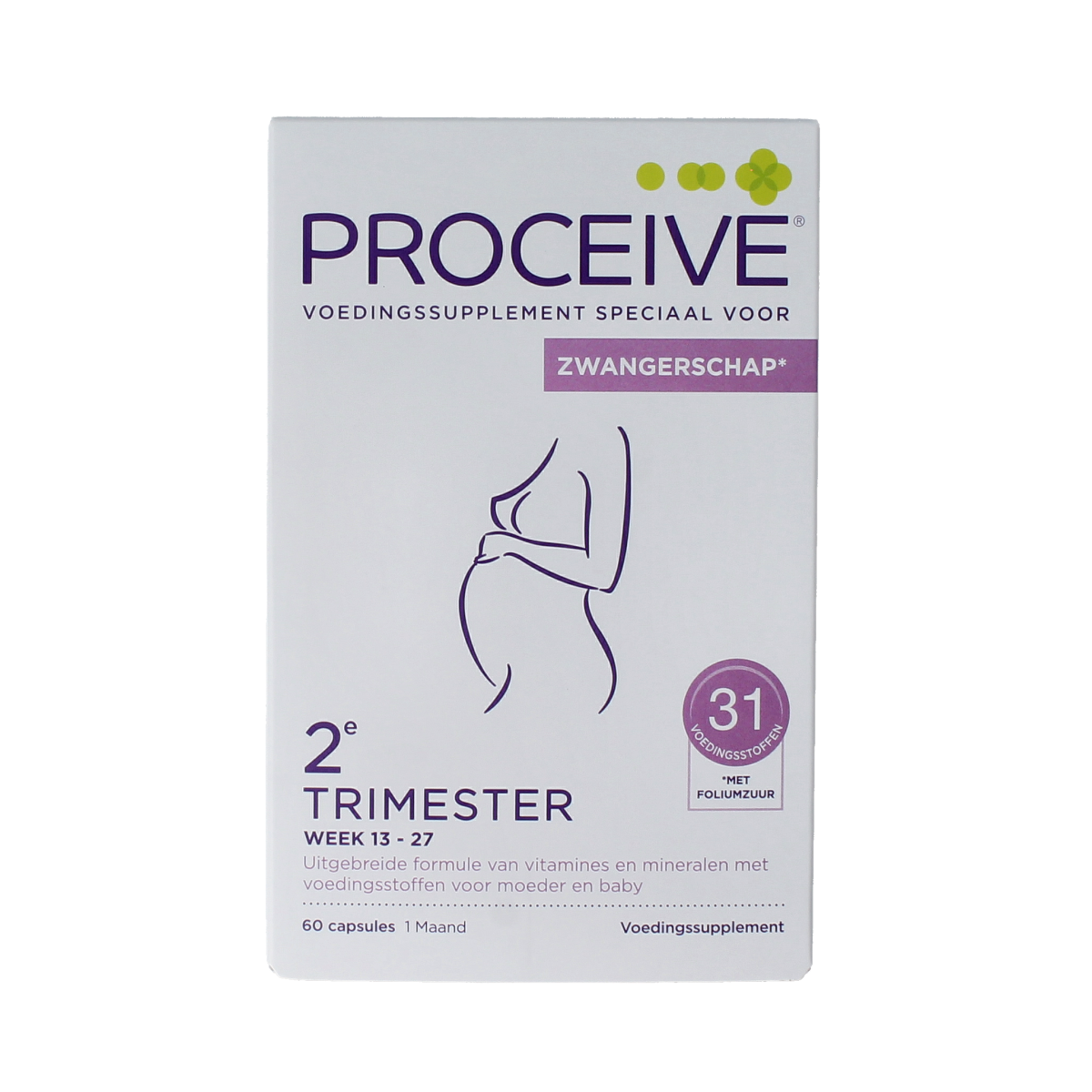 Proceive Kinderwens trimester 2 multivitamin capsules in a bottle with a white label and capsule images.