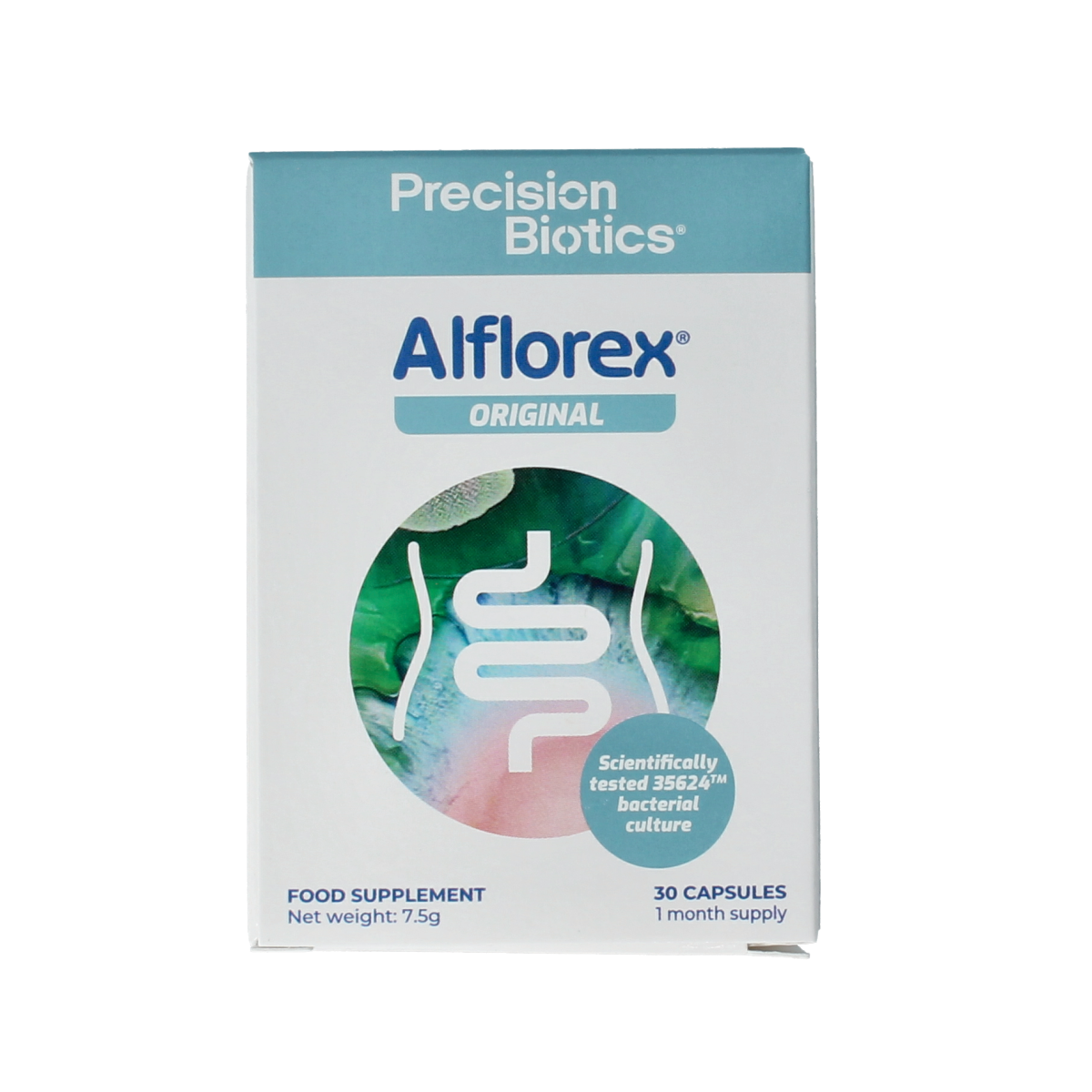 Alflorex Original vegetarian capsules, dietary supplement with 30 capsules, featuring label and capsule images.