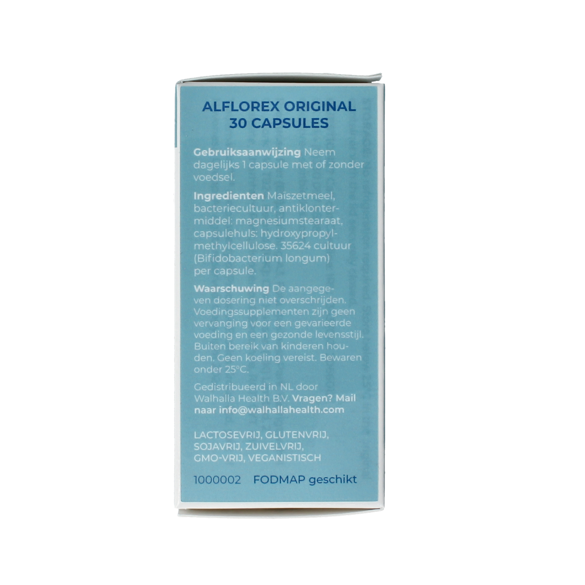 Alflorex Original vegetarian capsules, dietary supplement for digestive health, in a clear container with label.