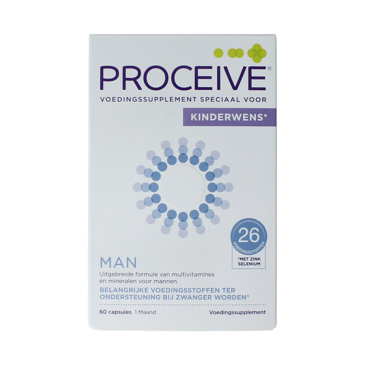 Proceive Kinderwens man multivitamin capsules, 60-count bottle, dietary supplement for men's reproductive health.