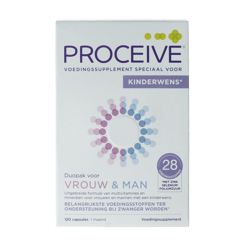 Proceive Kinderwens Duo multivitamin capsules for women, featuring 60 capsules to support reproductive health and fertility.