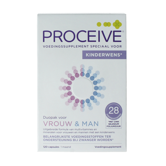 Proceive Kinderwens Duo multivitamin capsules for women, featuring 60 capsules to support reproductive health and fertility.
