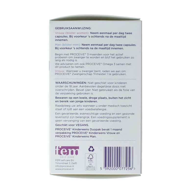 Proceive Kinderwens Duo multivitamin capsules for women, showing two bottles with 60 capsules each.