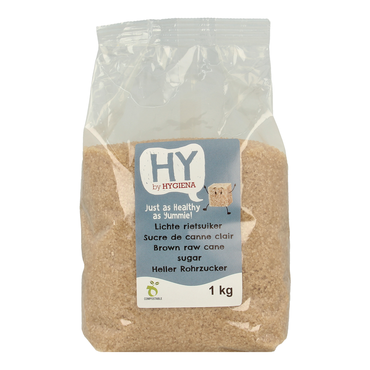 Hygiena Lichte rietsuiker in 1 kg bag, a natural light brown cane sugar for baking and sweetening.