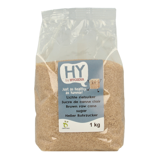 Hygiena Lichte rietsuiker in 1 kg bag, a natural light brown cane sugar for baking and sweetening.