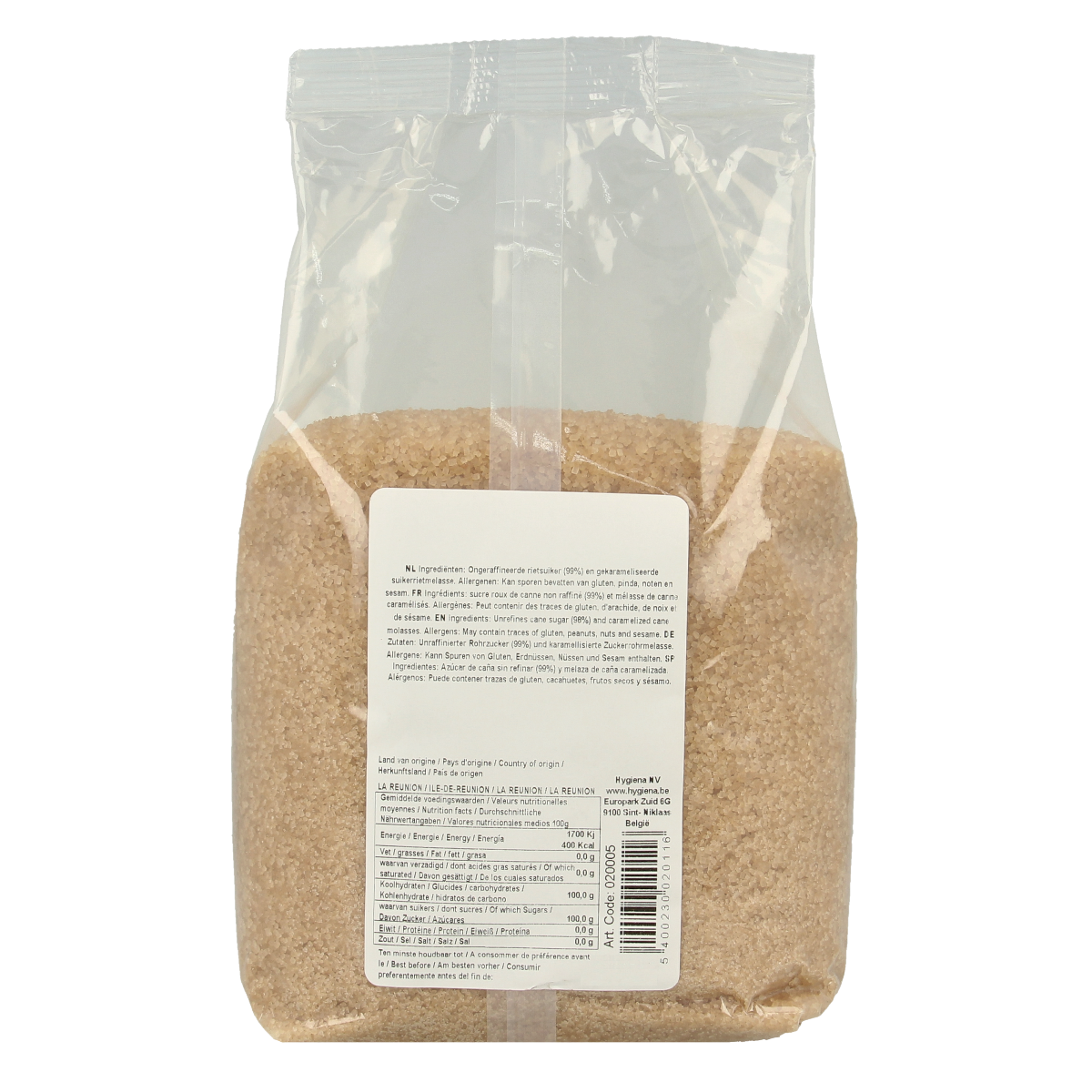 Hygiena Lichte rietsuiker in 1 kg bag, a light-colored sugar perfect for baking and sweetening beverages.