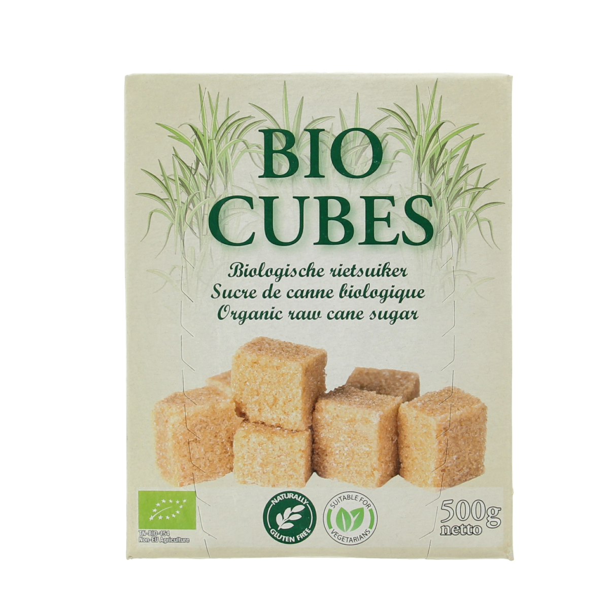 Hygiena brand organic rietsuikerklontjes, 500g package, showing brown sugar cubes on a white background.